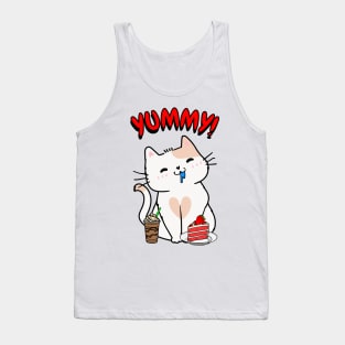 Cute white cat is having coffee and cake Tank Top